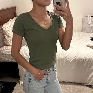 Classic Olive V-Neck Short Sleeve Top